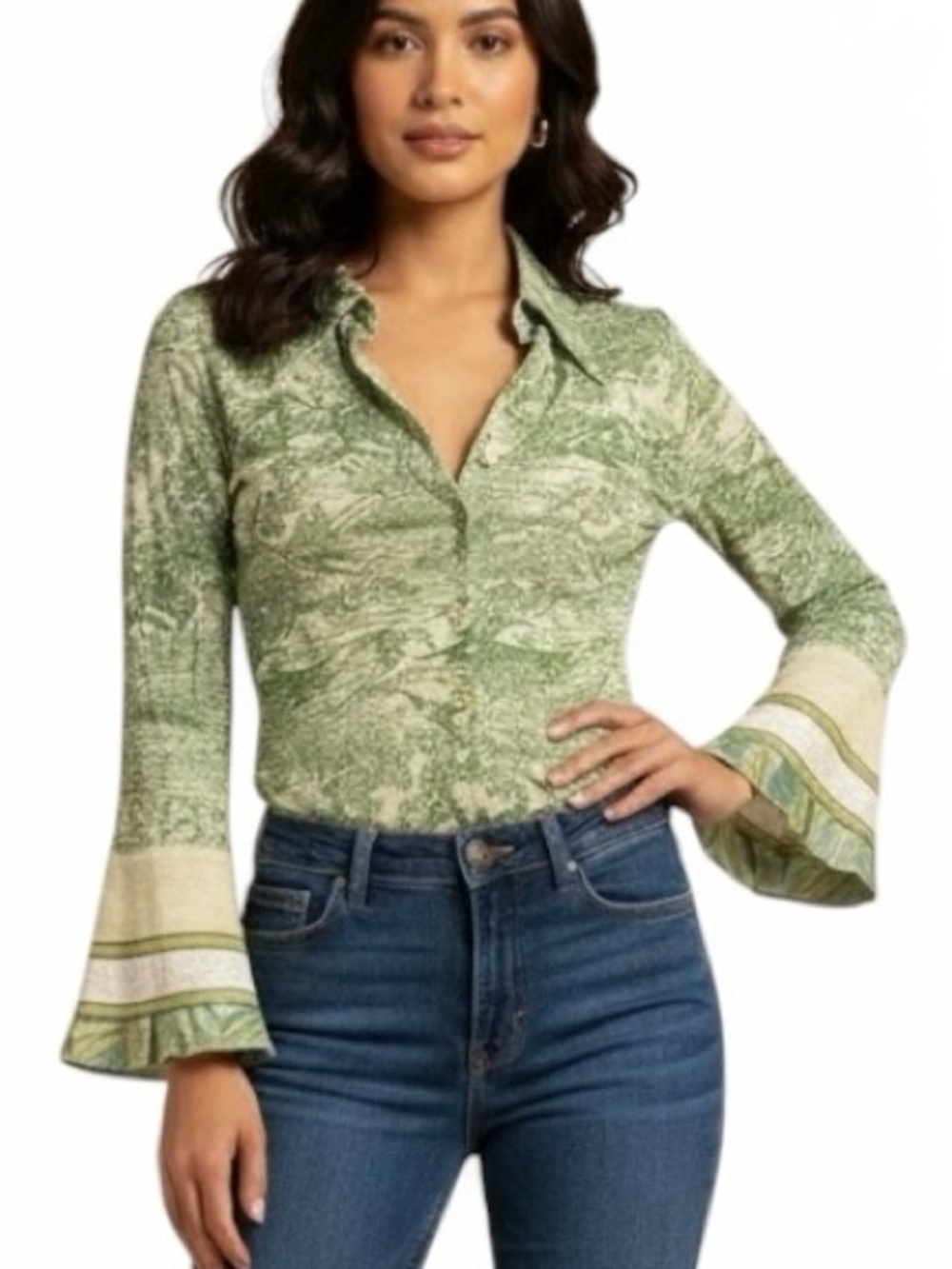 CUSTO Barcelona vintage Y2K Crinkled fairy indie lace green ribbon blouse | EUC
